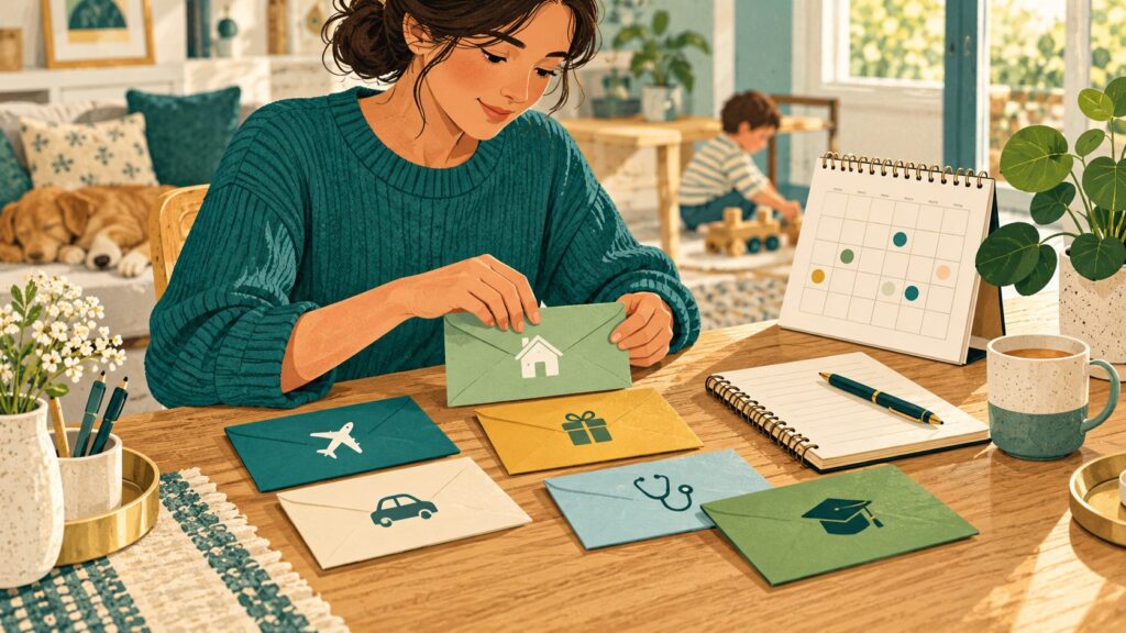 Parent organizing plain envelopes and a calendar beside a household notebook