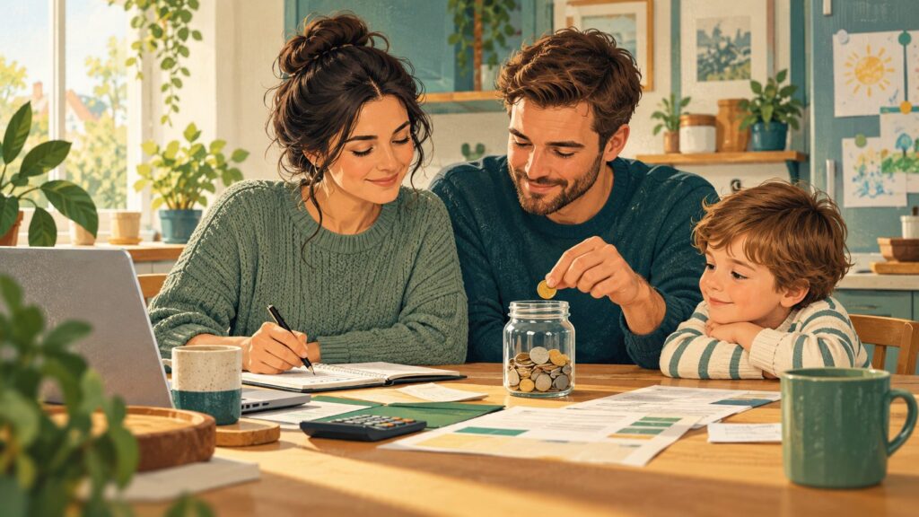 Two parents reviewing a household budget beside a small savings jar